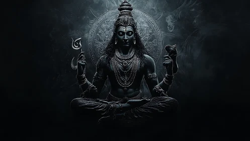 Digital painting of meditative deity in symmetrical chiaroscuro focus.