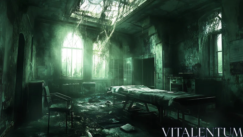 Abandoned surgical room with overgrown ceiling vegetation.