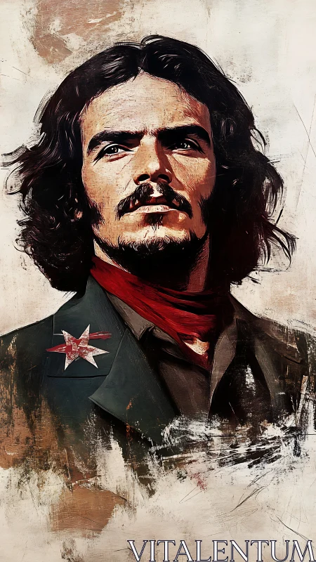 Textured digital portrait of defiant man in uniform with red scarf