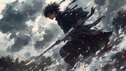 Dynamic anime swordsman crossing stormy battlefield in motion