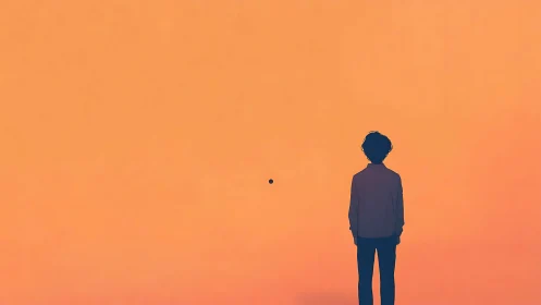 Silhouette of person facing small object on orange field.
