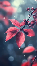 Red leaves with raindrops against defocused cool background.