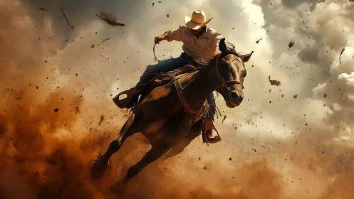 Dynamic cowboy on charging horse amid high-speed dust explosion