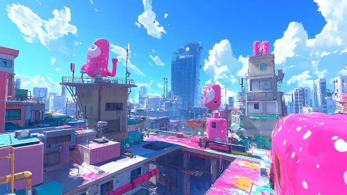 Digital painting of neon rooftop cityscape with pink mascots.