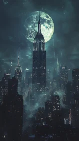 High-rise city skyline under enlarged full moon at night.
