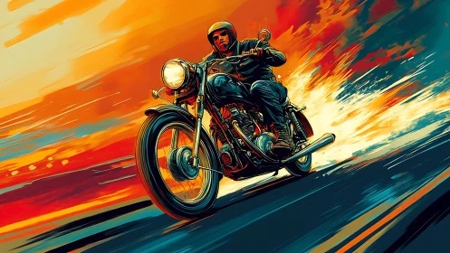 Motorcyclist rides at speed through vivid orange night.