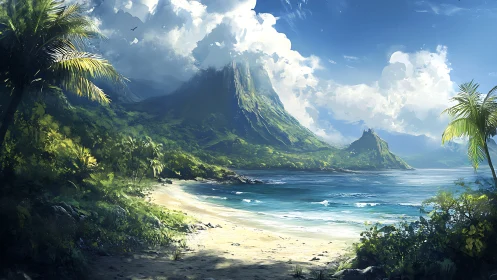 Tropical Island Paradise with Volcanic Peaks and Pristine Beach.