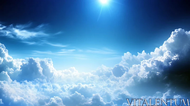 Radiant sun above luminous blue sky cloudscape.