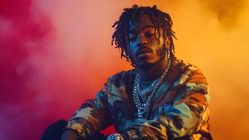 Cool rap artist glowing against bold neon color haze.