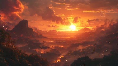 Volcanic jungle valley at ember lit atmospheric sunset