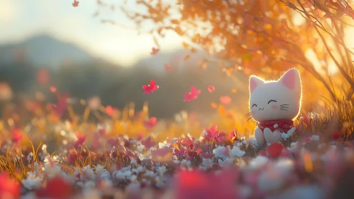 Softly backlit chibi cat figurine in shallow‑depth autumn meadow