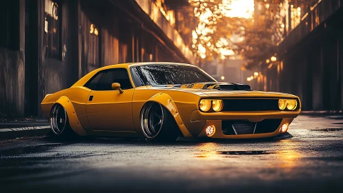 Low-slung yellow muscle car gleams in moody urban sunset.