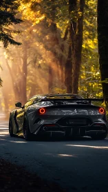 Photorealistic supercar rear on forest road with golden backlight.
