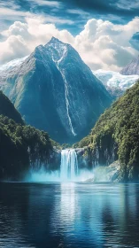 Majestic glacial waterfall cascades into a tranquil fjord lake