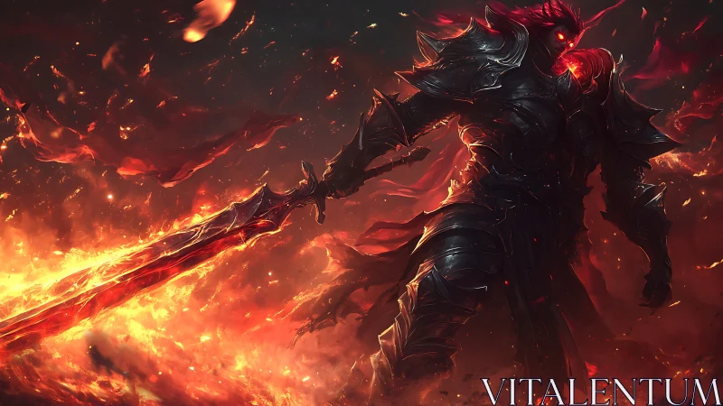 Flaming demon knight strides through a hellfire battlefield