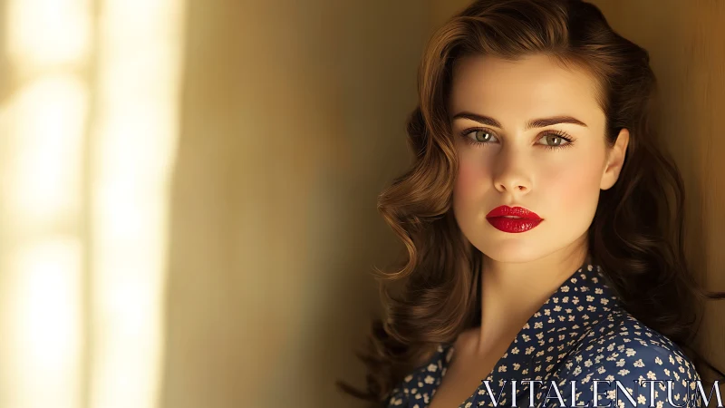 Golden hour portrait of retro muse in red lacquered lips.