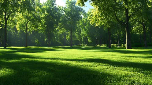 Sunlit grove where whispering trees paint soft shadows.