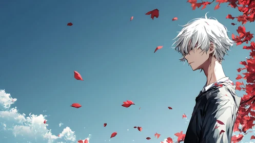 White haired figure with red leaves against clear blue sky.