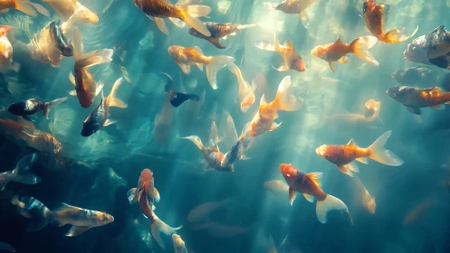 School of koi fish in diffused underwater sunlight view.