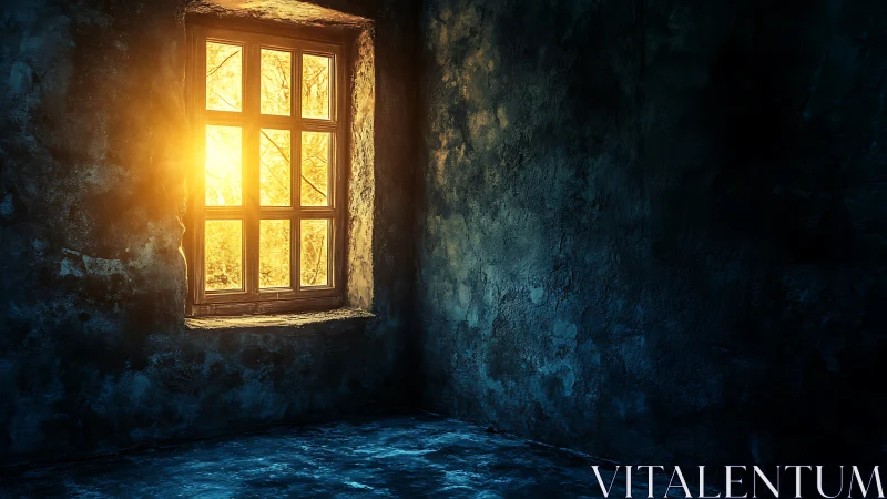 Warm backlit window casts volumetric light into textured room