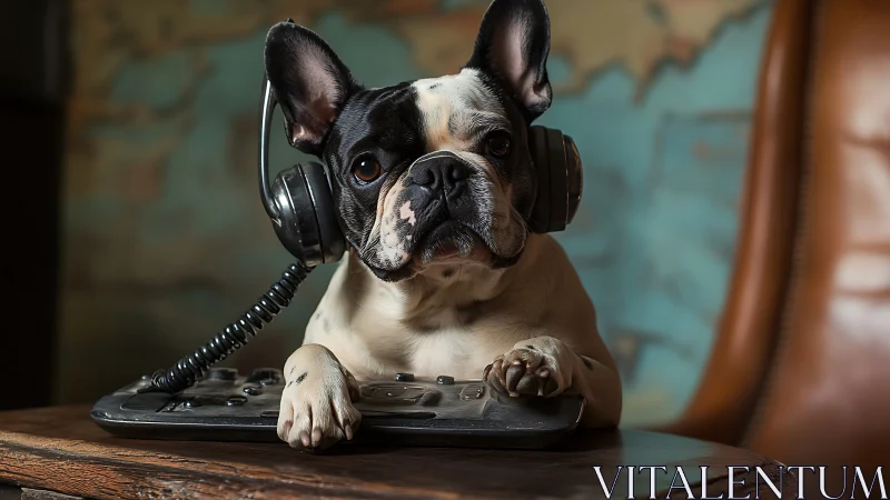Black and white dog with headphones at gaming console.