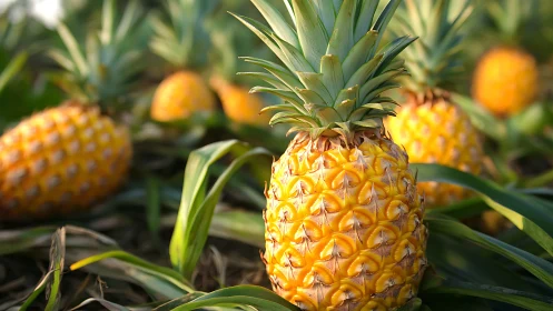 Ripe pineapple glows among lush green leaves in farmland.