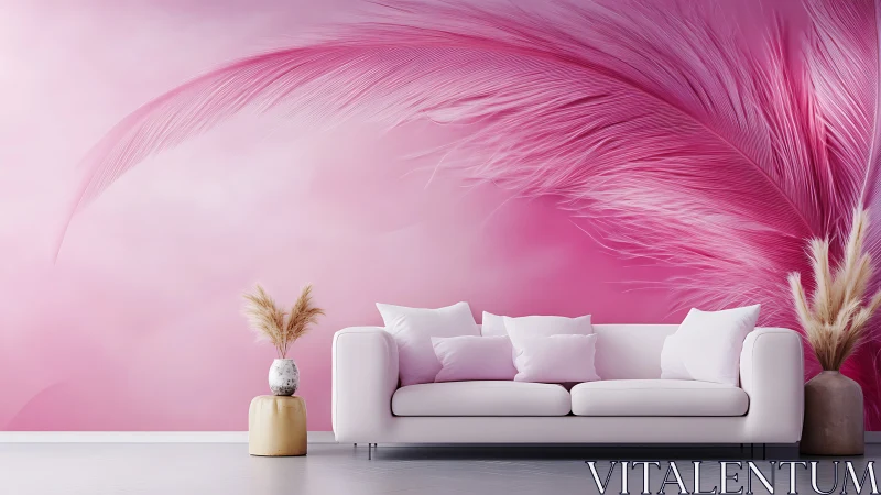 Pink feather wall mural with modern sofa in living room.