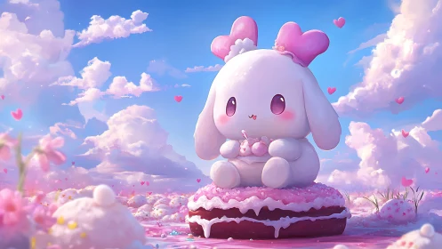 Pastel bunny mascot rests atop frosted cookie landscape.