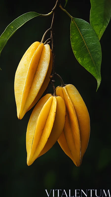Macro botanical study of ripe yellow carambola cluster.