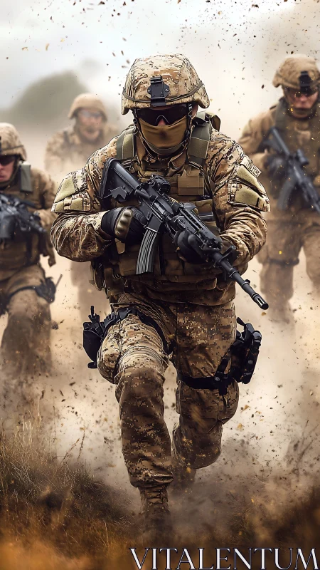 Dust-charged soldiers surge forward through battlefield haze.