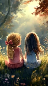 Backlit meadow scene captures two girls in soft volumetric light