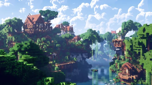 Medieval Fantasy Village in Blocky Pixel Style.