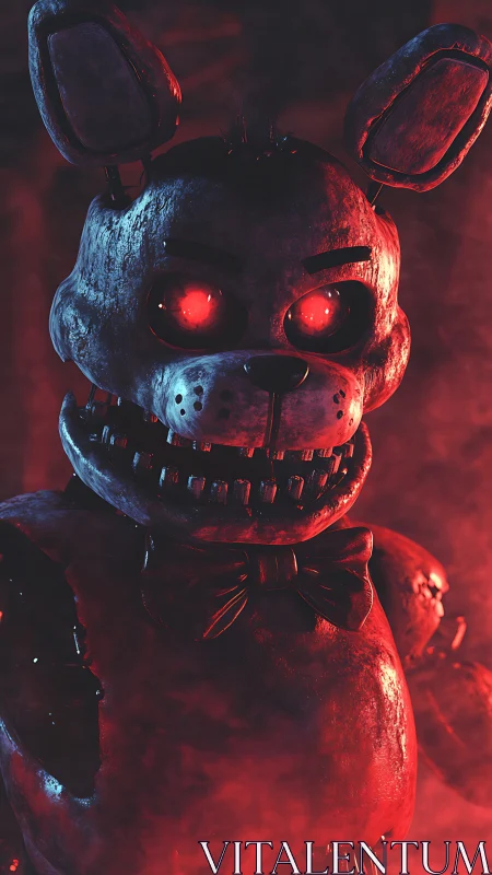 Midnight mech-rabbit with burning eyes in crimson fog.