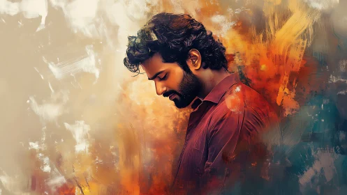 Profile portrait of pensive man in warm abstract brushwork