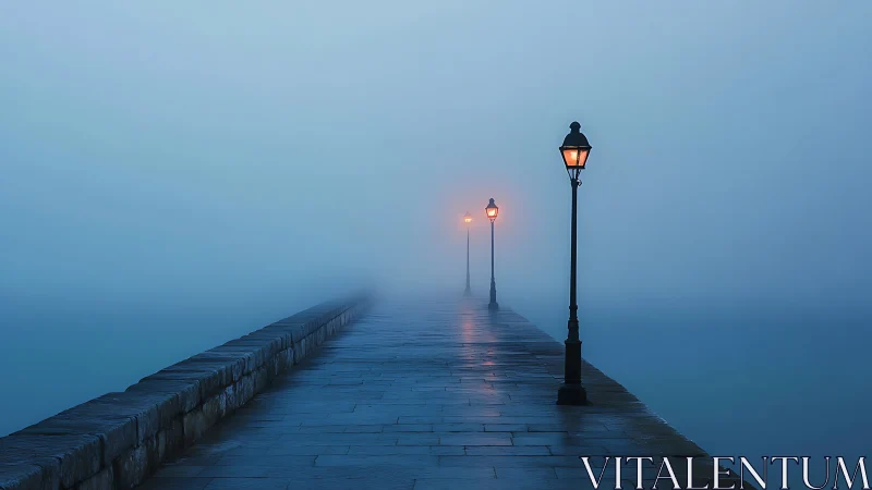 Fog-obscured pier corridor with receding sodium vapor lamps.