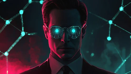 Cybernetic executive with neon HUD lenses and data lattice