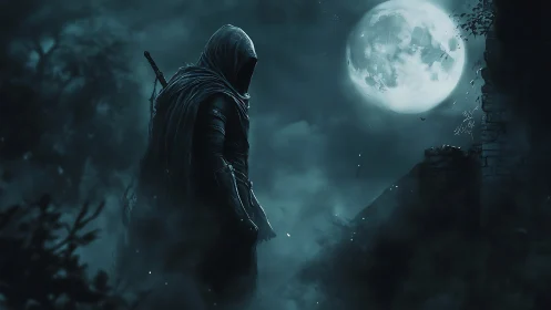 Hooded figure with sword under full moon in misty ruins.