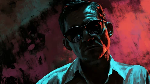 Moody portrait glows in bold neon light and deep shadows