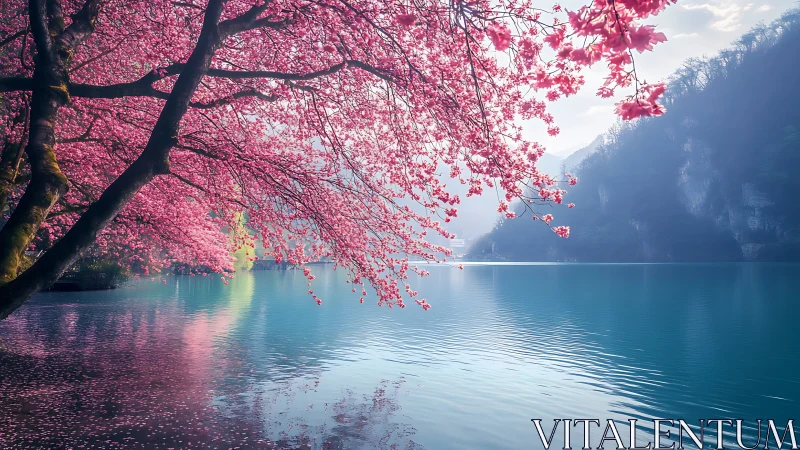 Cherry blossom tree hangs over calm turquoise mountain lake