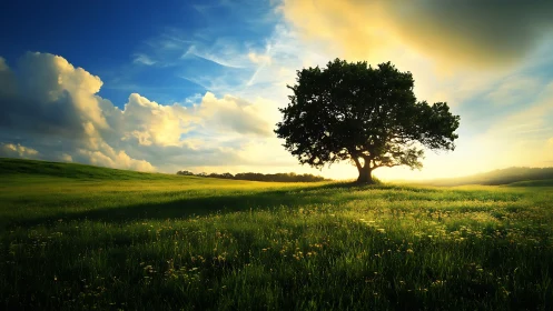 Solitary oak tree illuminated by radiant sunset glow.