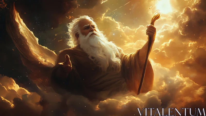 Ethereal deity in radiant clouds rendered as digital painting