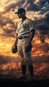 Sunset-clad pitcher stands tall in stormlit diamond haze.