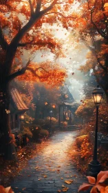 Golden autumn village lane glows with gentle, cozy light