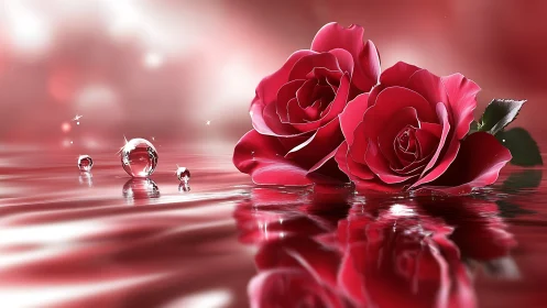 Red Roses on Liquid Surface with Water Droplets.