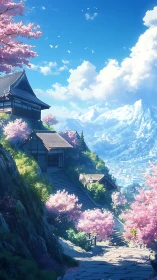 Mountain temple daydreams beneath drifting cherry clouds