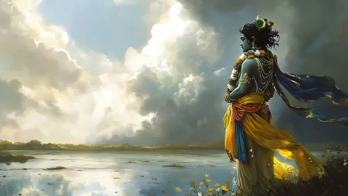 Divine figure in jeweled robes greeting a stormlit river.