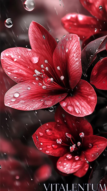 Crimson petals embrace rainfall in delicate crimson ballet.