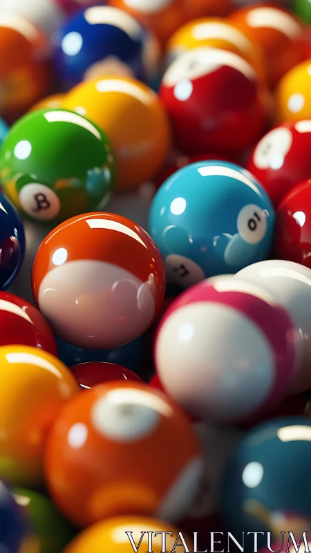 Vibrant closeup of glossy billiard balls in tight cluster.