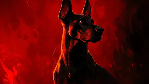 Black doberman digital painting against intense red field.