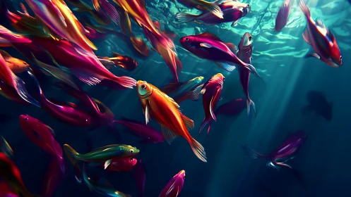 Colorful digital school of fish in deep ocean water.